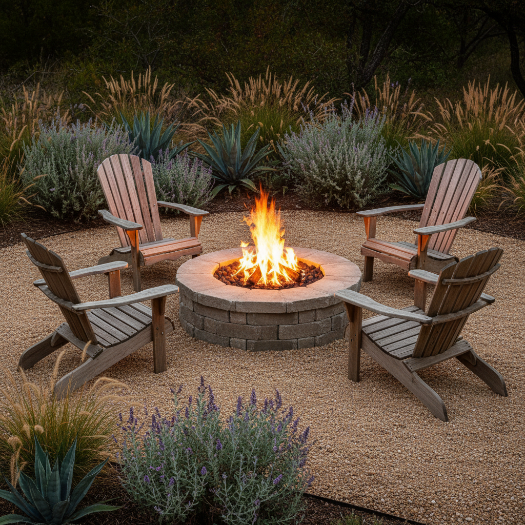 Adirondack chairs beside a gravel fire pit surrounded by Hill Country native landscaping