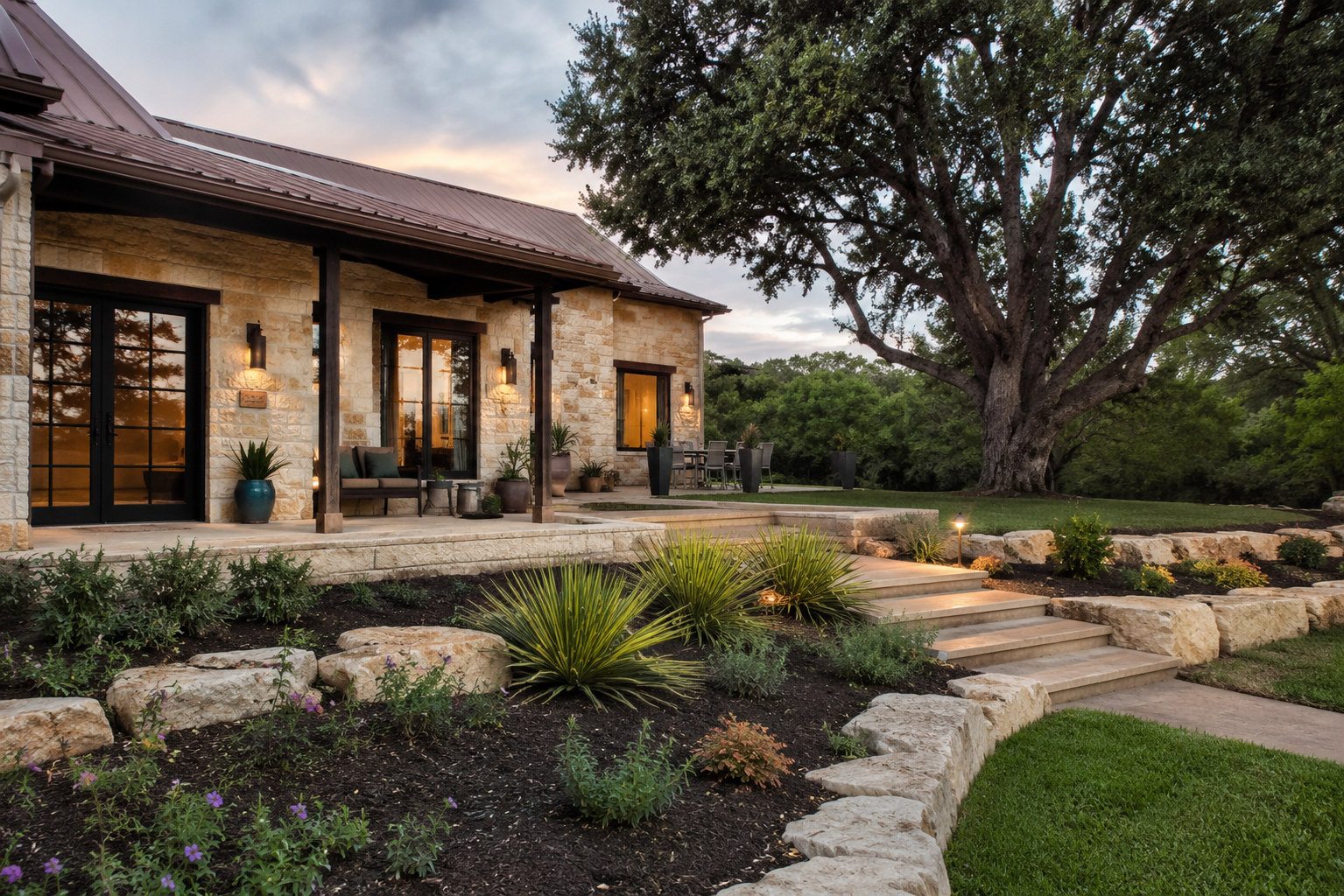Hill Country residential landscape with stone terracing and native plantings at dusk
